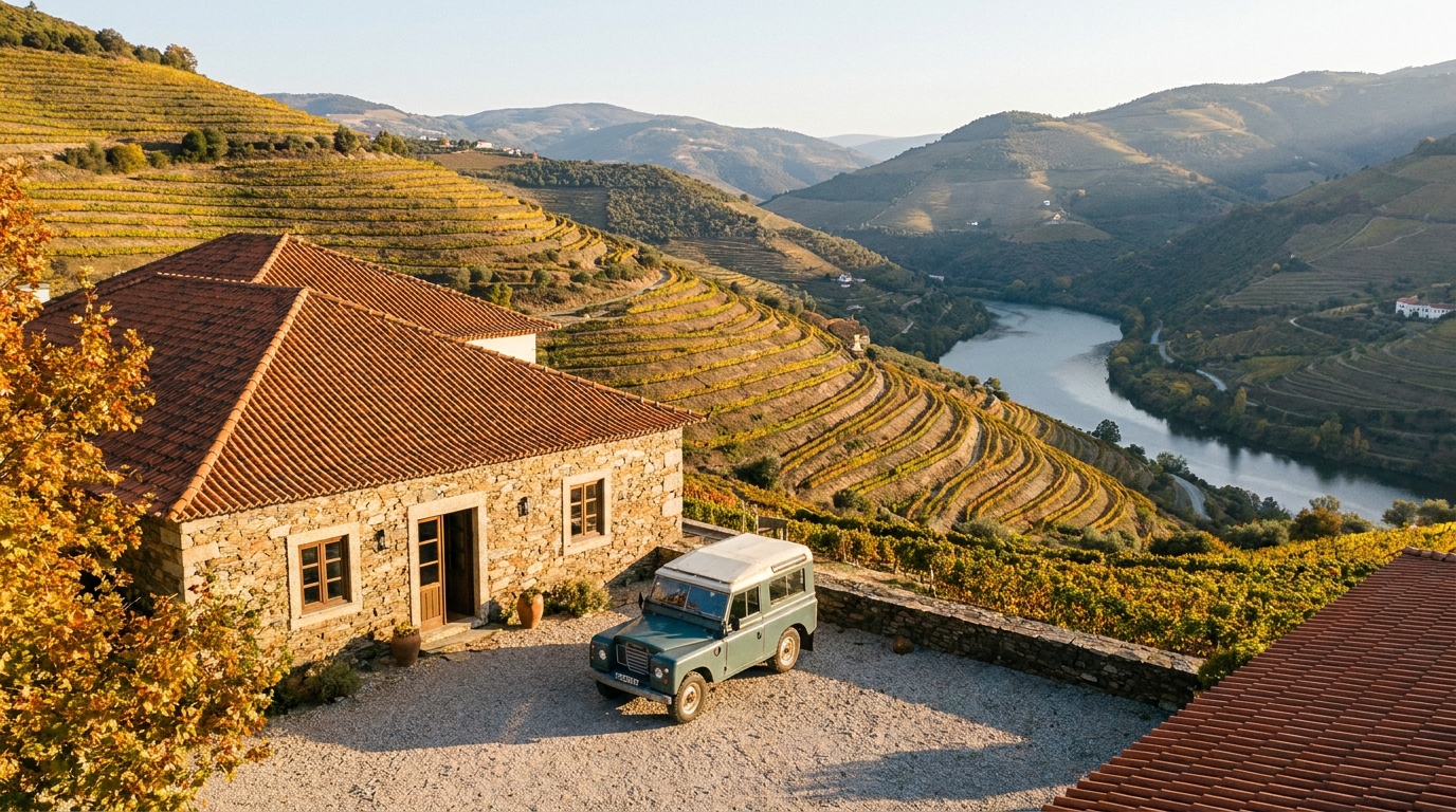 A stone quinta with a tiled roof above terraced vineyards, a parked car in the gravel yard