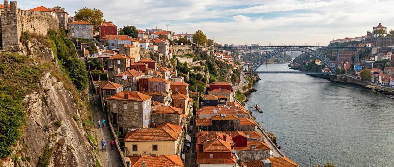 Tiled houses stacked on a steep granite slope above the Douro with a two-level iron bridge behind