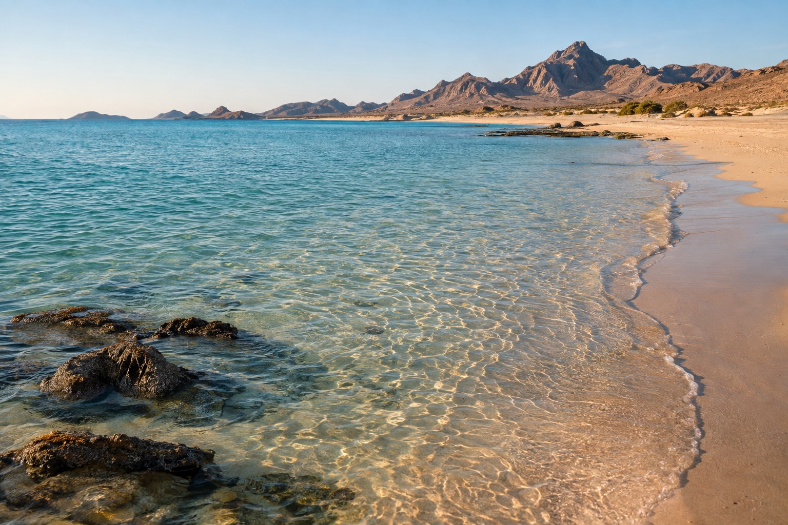 Shallow turquoise water lapping a sandy shore in low morning sun