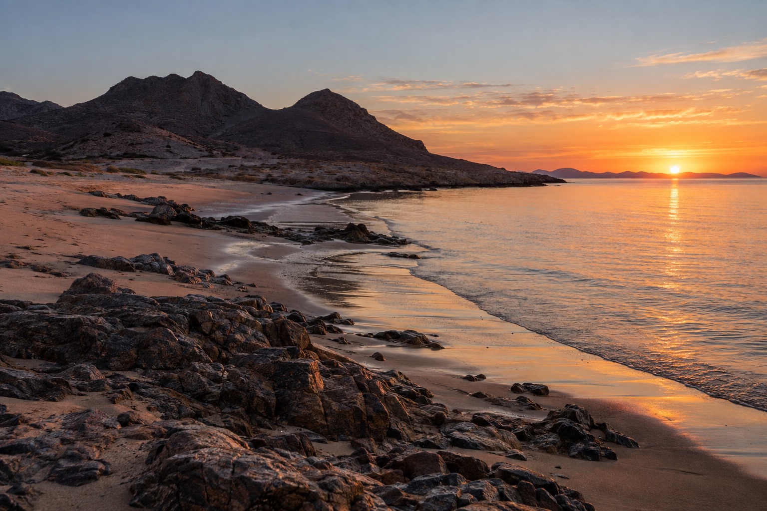 Sandy shoreline meeting calm water on the Sea of Cortez at sunset