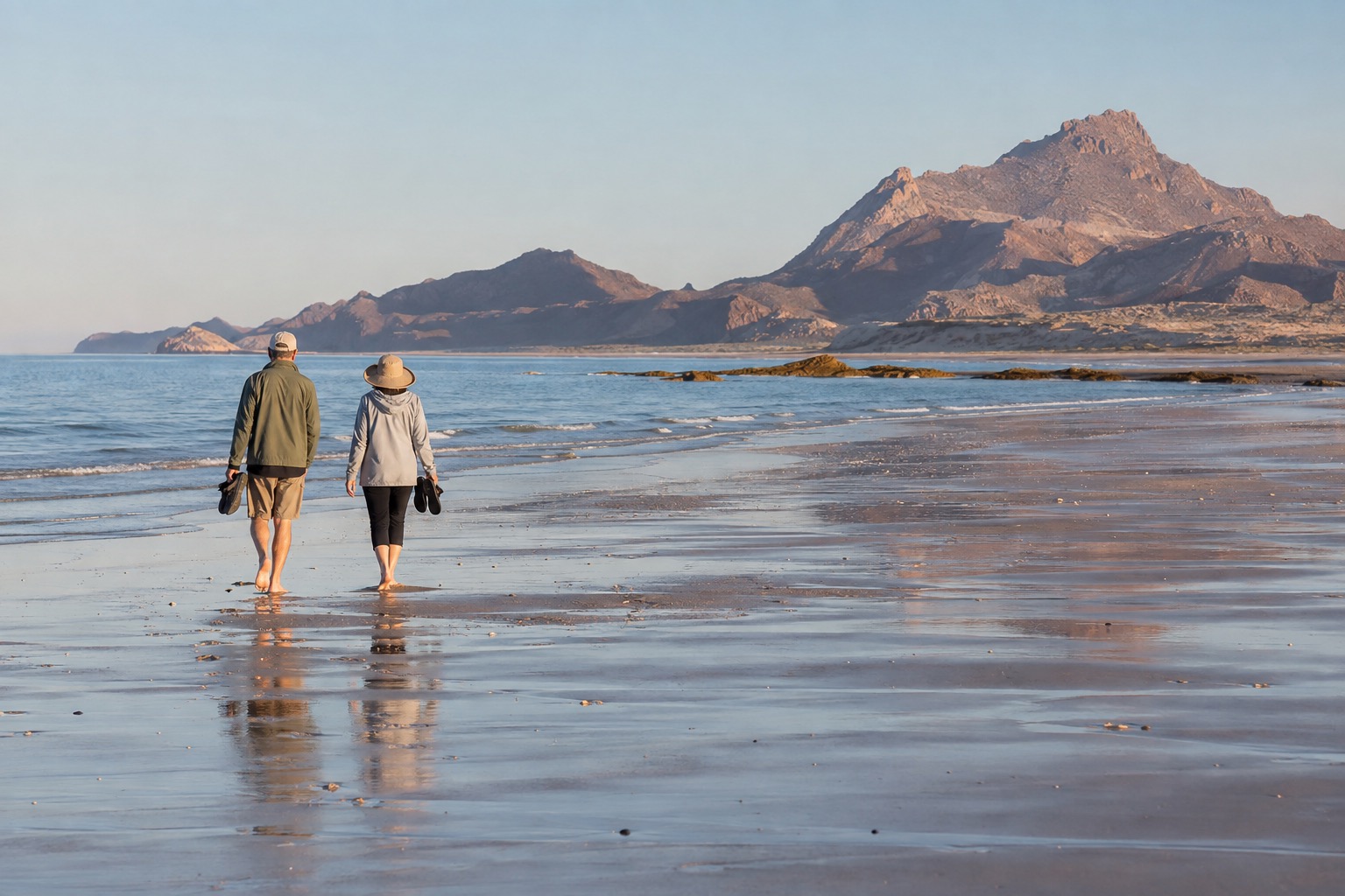 Two people in light jackets walking along a wet-sand beach at low tide