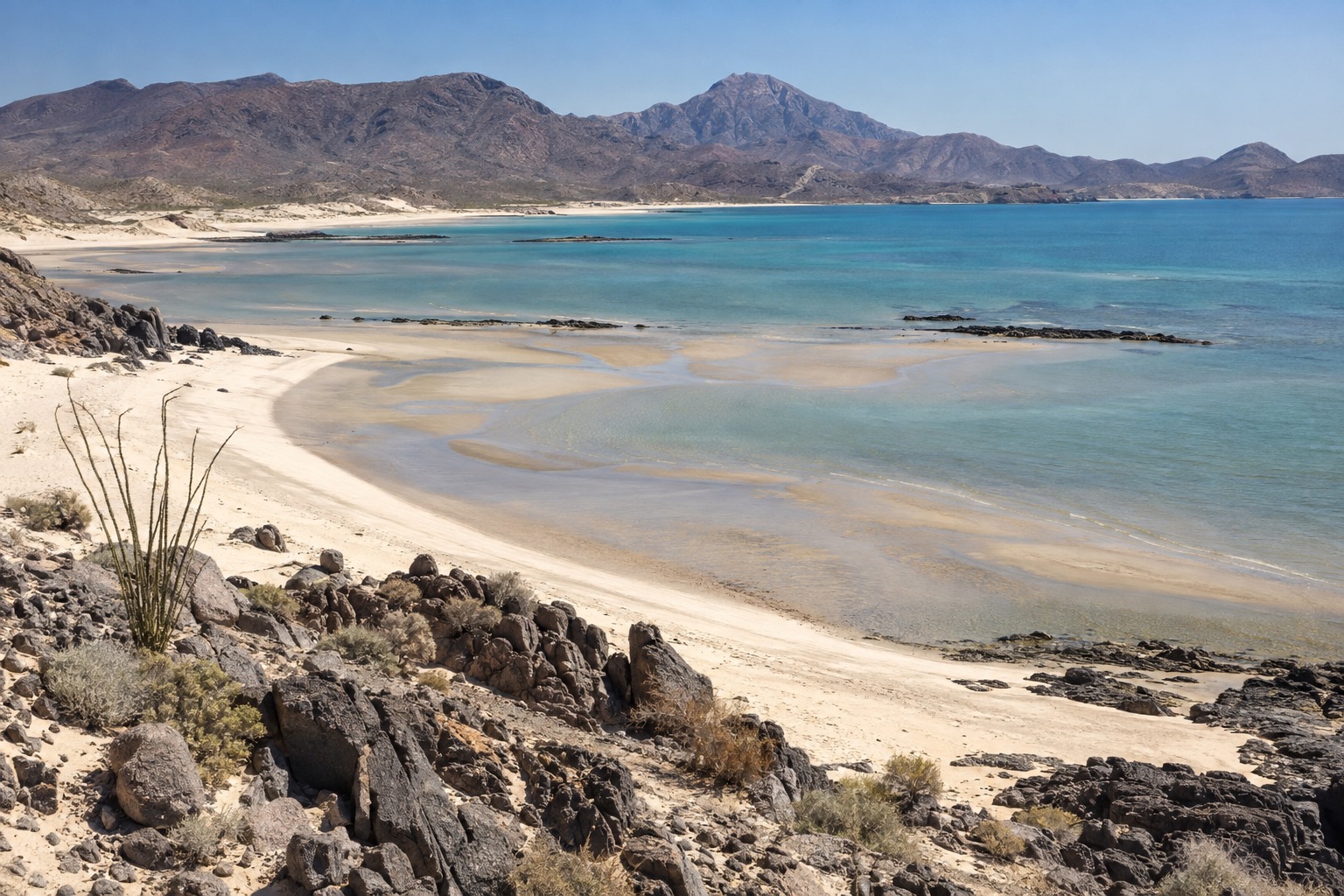 Low desert dunes meeting a calm shallow bay on a dry sunny day