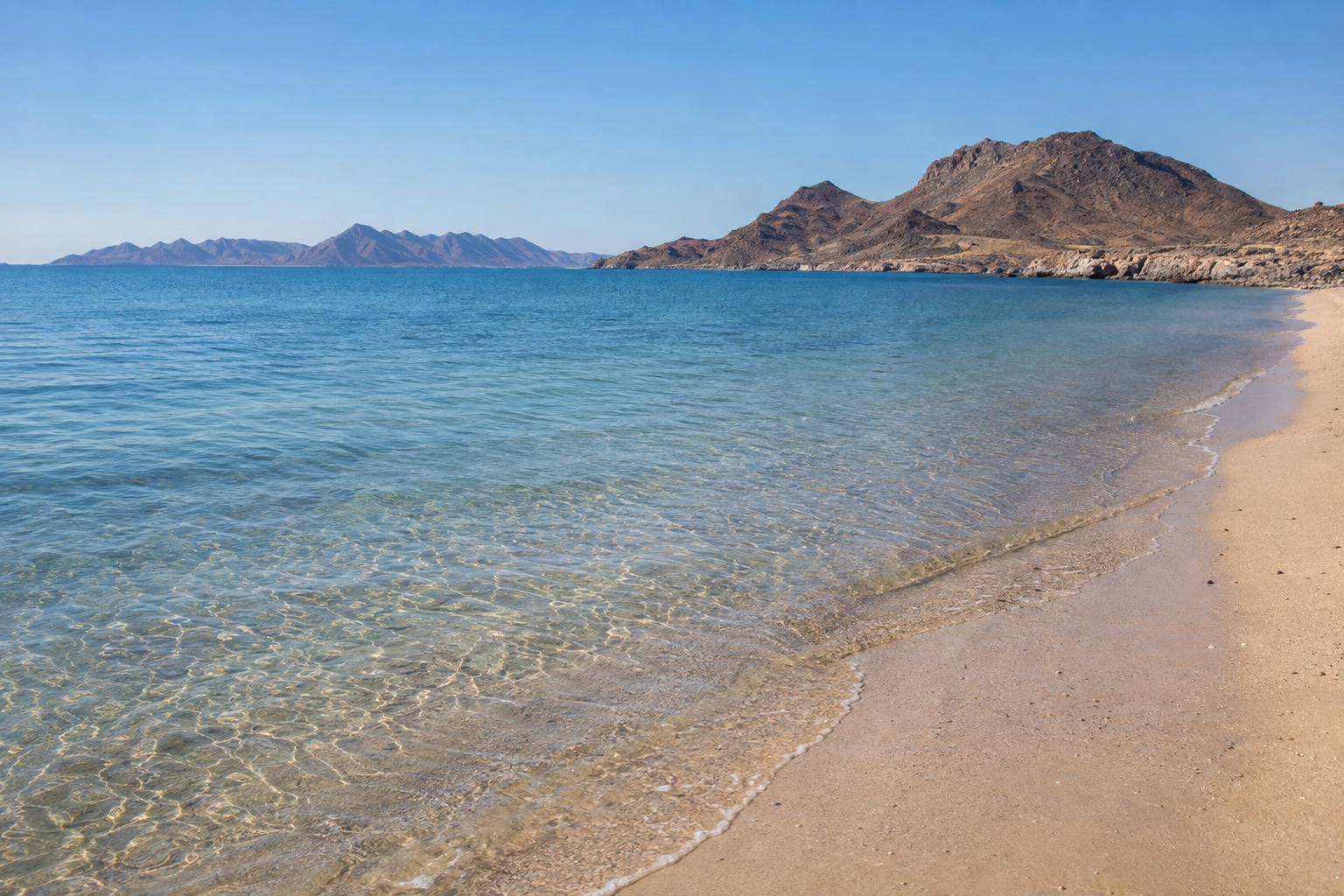Empty sandy beach meeting calm water on the Sea of Cortez at Puerto Penasco, Sonora