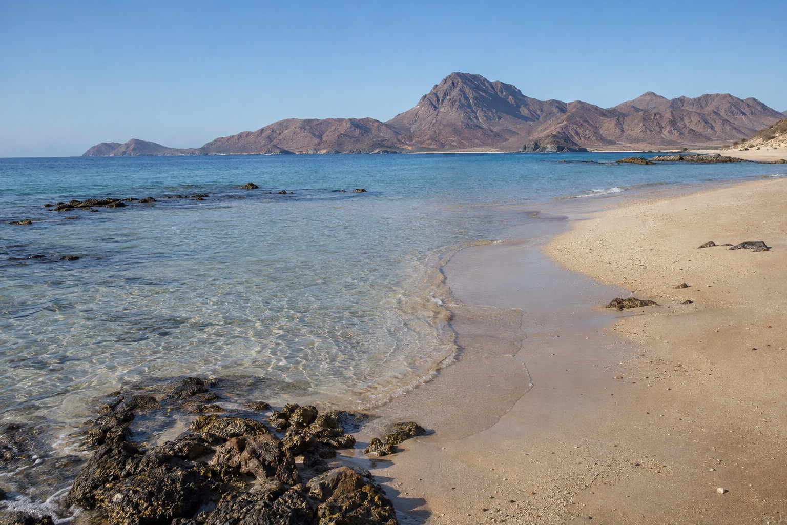 A wide sandy shoreline on the Sea of Cortez with calm blue water and low desert hills in the distance
