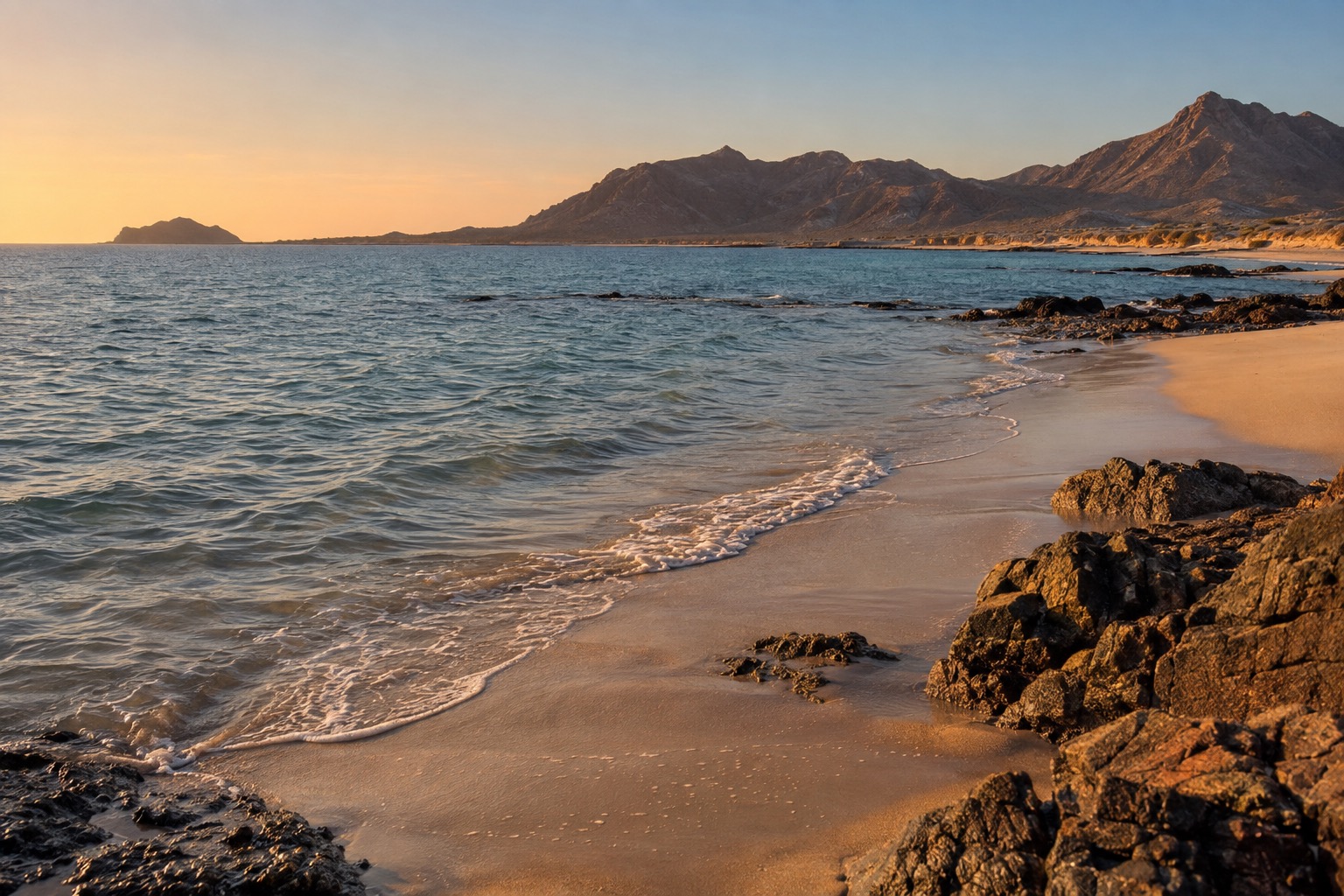 A quiet sandy beach on the Sea of Cortez in late afternoon with gentle waves and warm light
