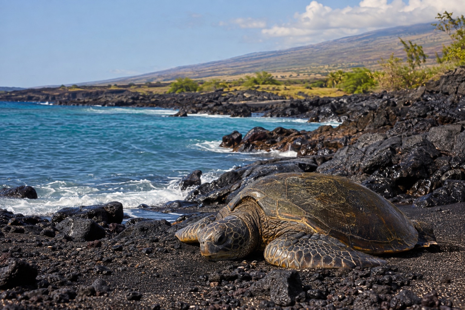 Green sea turtle resting on black volcanic sand near the shoreline