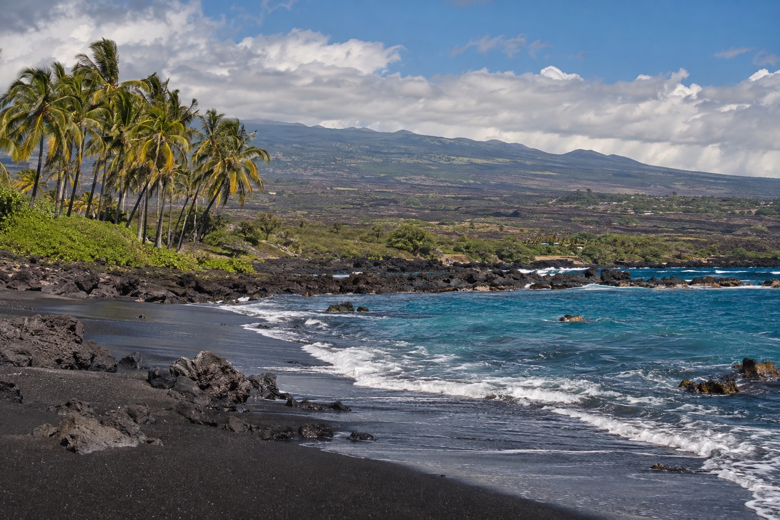 Black volcanic sand beach with palm trees along Hawaii's south coast under a partly cloudy sky