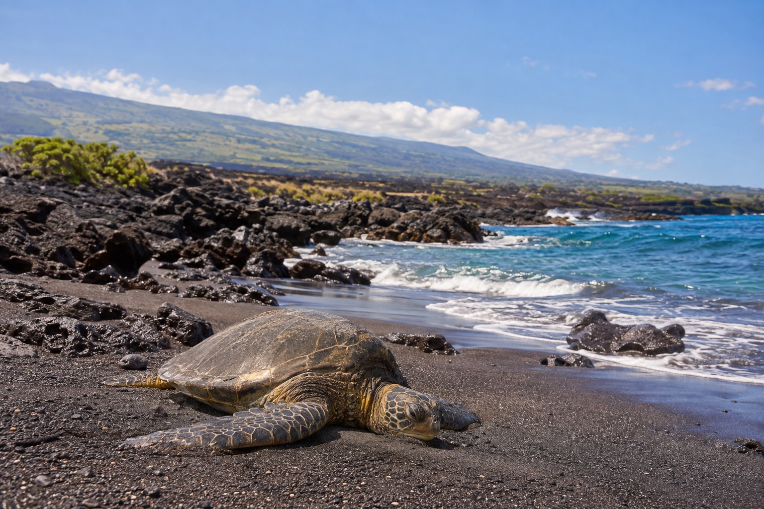 Green sea turtle resting on black volcanic sand near the shoreline