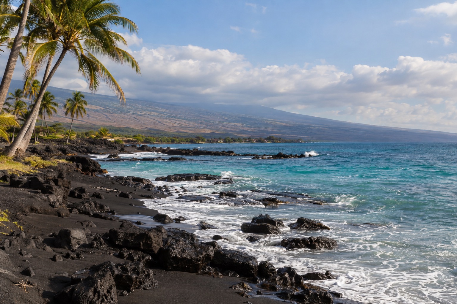 Black sand beach with palm trees and gentle waves under a partly cloudy sky