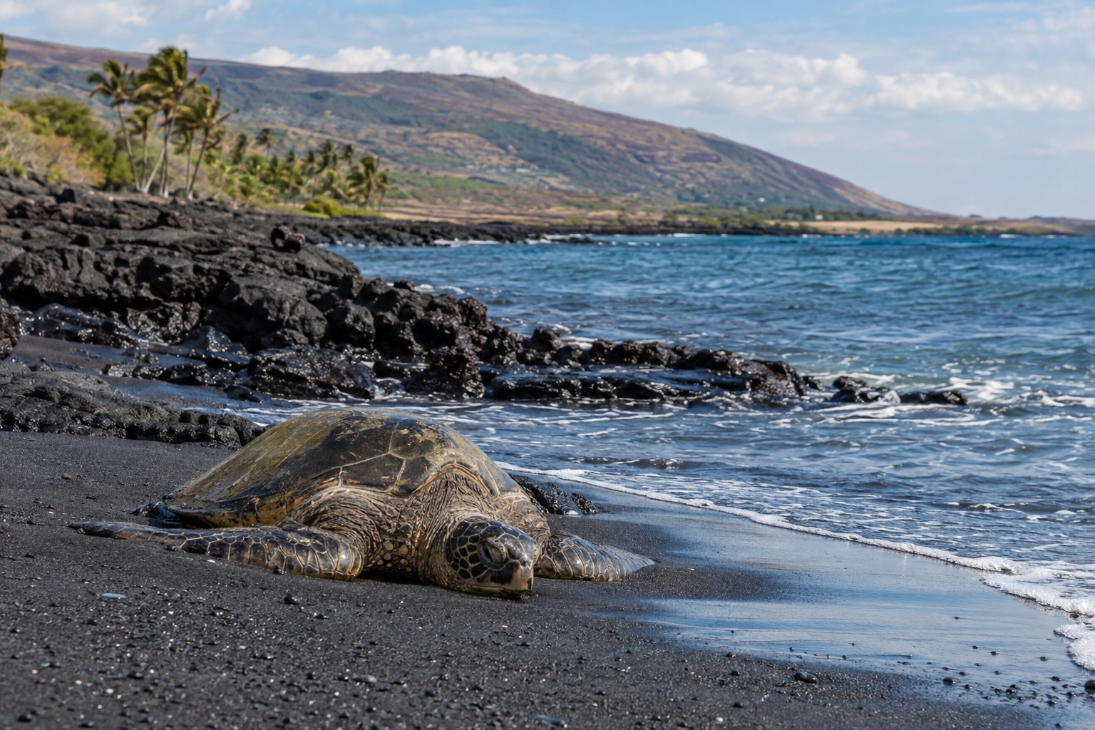 A green sea turtle resting on a black sand beach near the waterline