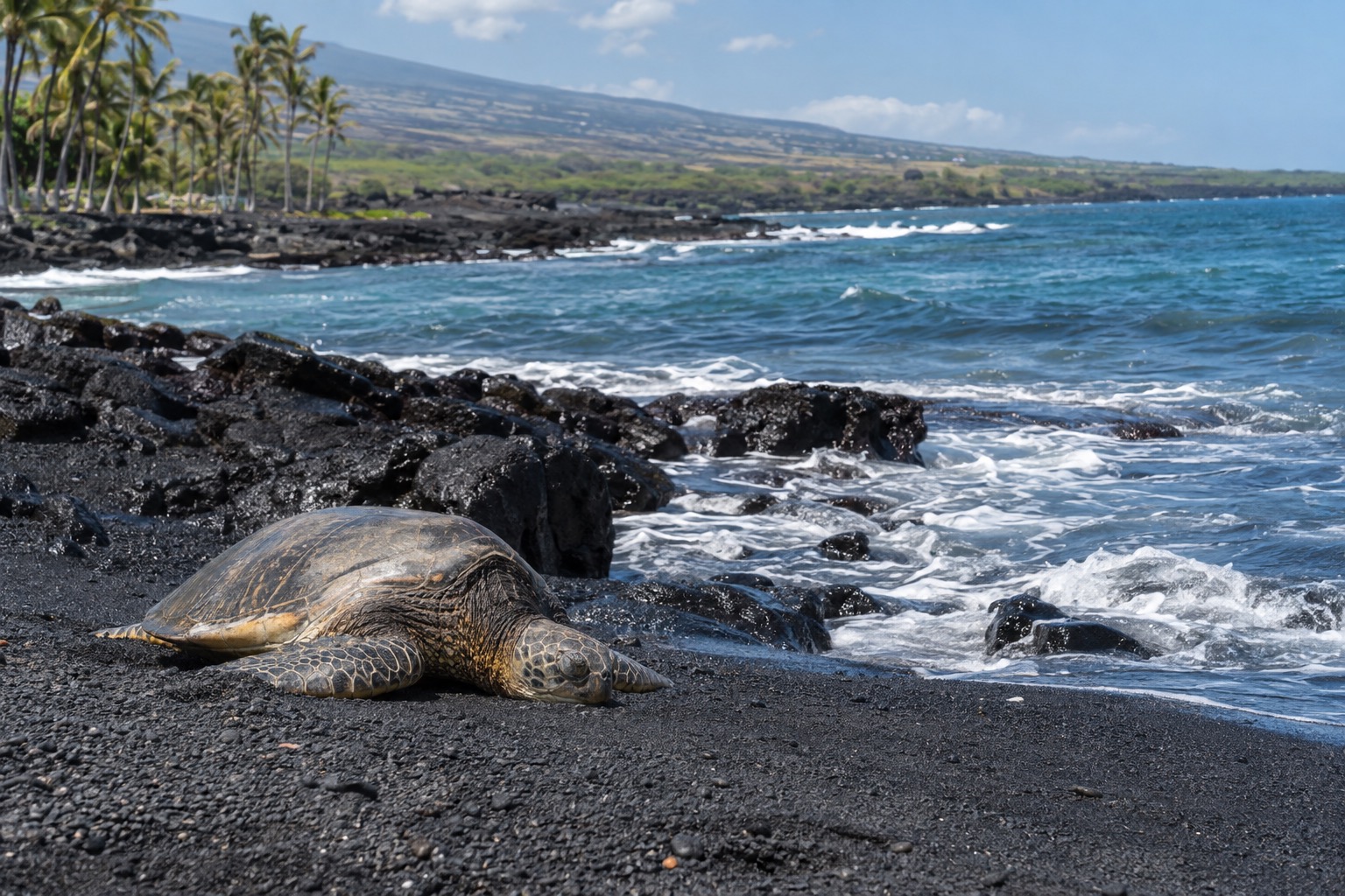 A green sea turtle resting on black sand near the shoreline at Punaluu Beach