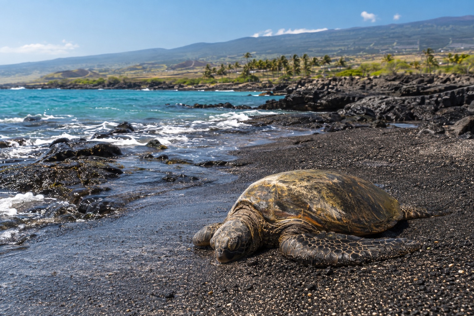 A green sea turtle resting near the waterline on black volcanic sand