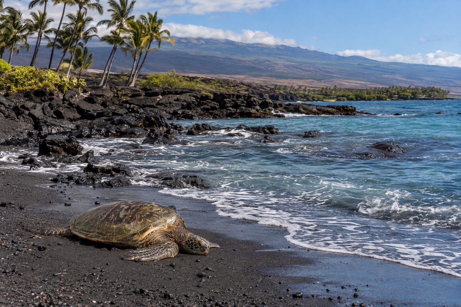 Black sand beach with palm trees and a green sea turtle resting near the waterline