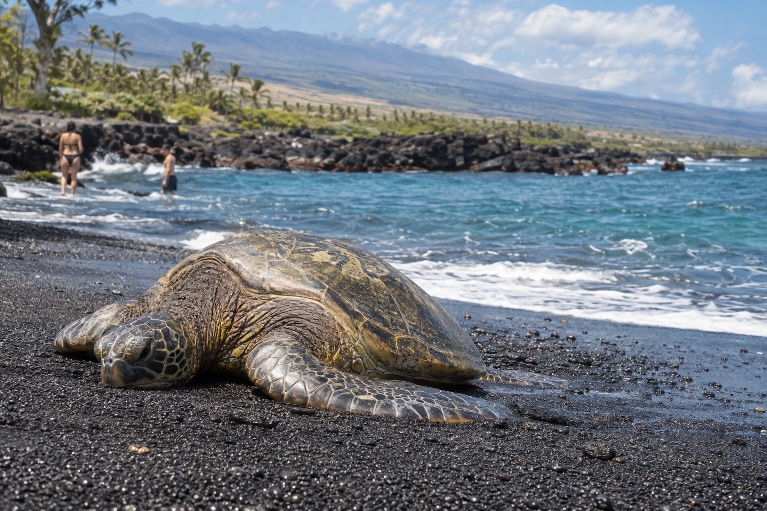 A honu resting on black volcanic sand a few feet from beachgoers