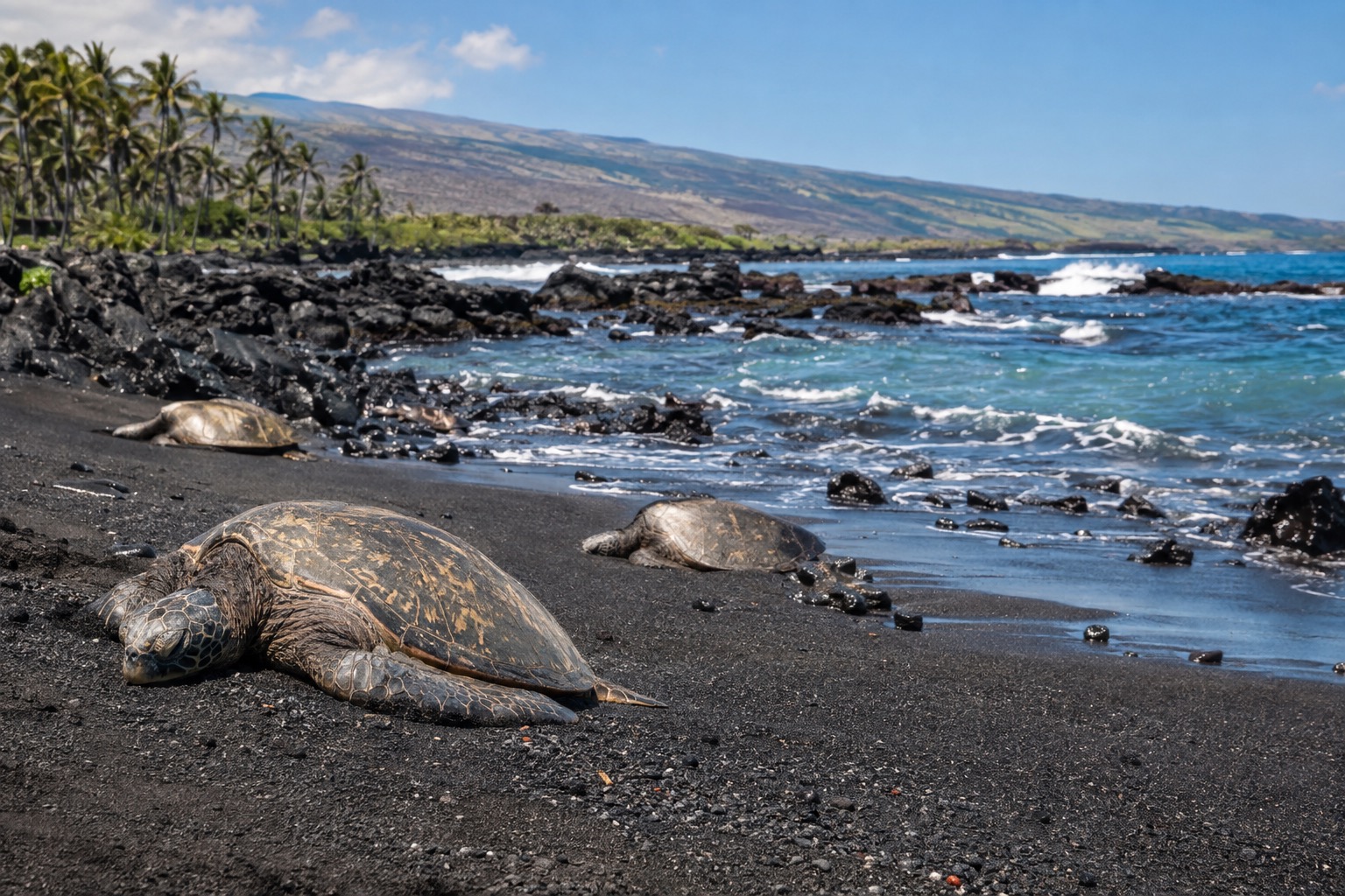 Green sea turtles resting on black volcanic sand at Punaluu Beach