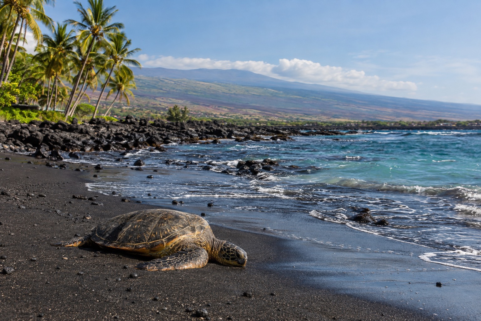 Black volcanic sand beach with a green sea turtle resting near the waterline, palm trees along the shore