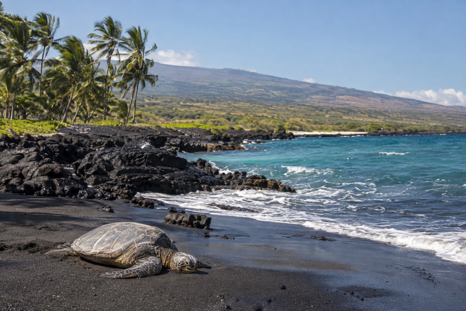 A black sand beach cove with palm trees and a green sea turtle resting near the waterline
