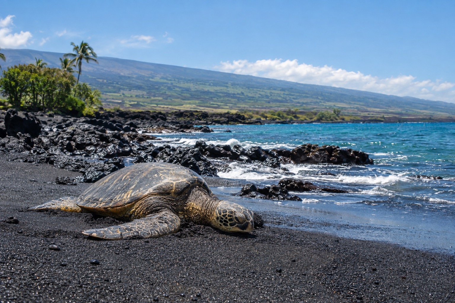 A green sea turtle hauled out on black volcanic sand near the shoreline