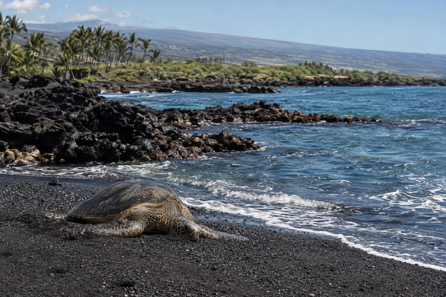 Black sand beach with a green sea turtle resting near the waterline at Punaluu