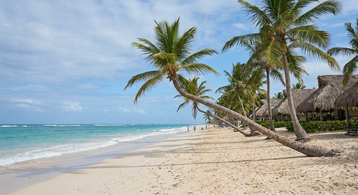 Palm trees leaning over a wide sand beach with turquoise water and small breaking waves
