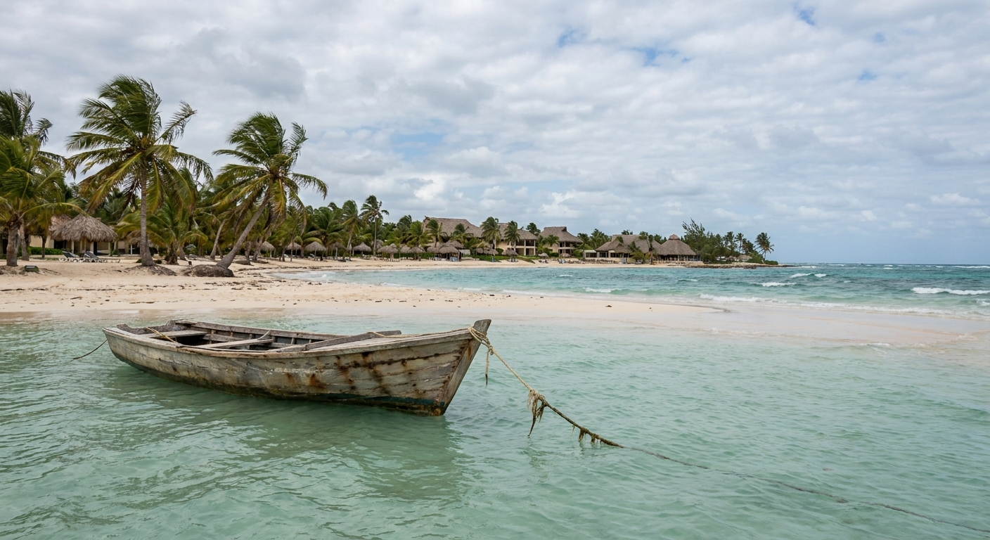 A small wooden boat anchored in shallow clear water near a sandbar under scattered clouds