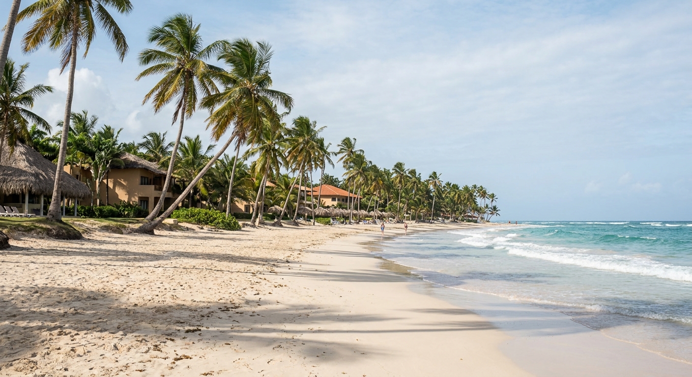 A wide palm-lined Caribbean beach with calm turquoise water at mid-morning