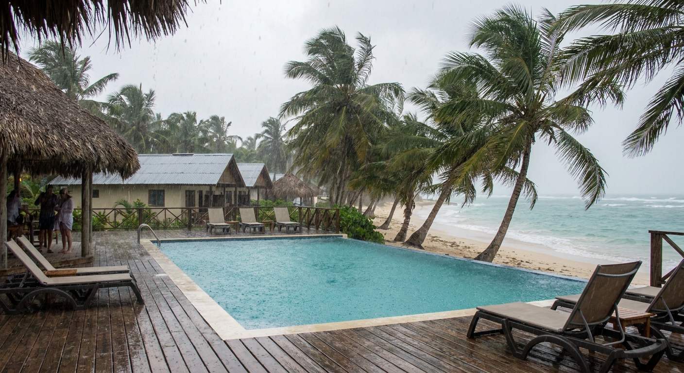 A shaded covered terrace with loungers beside a pool during a tropical rain shower
