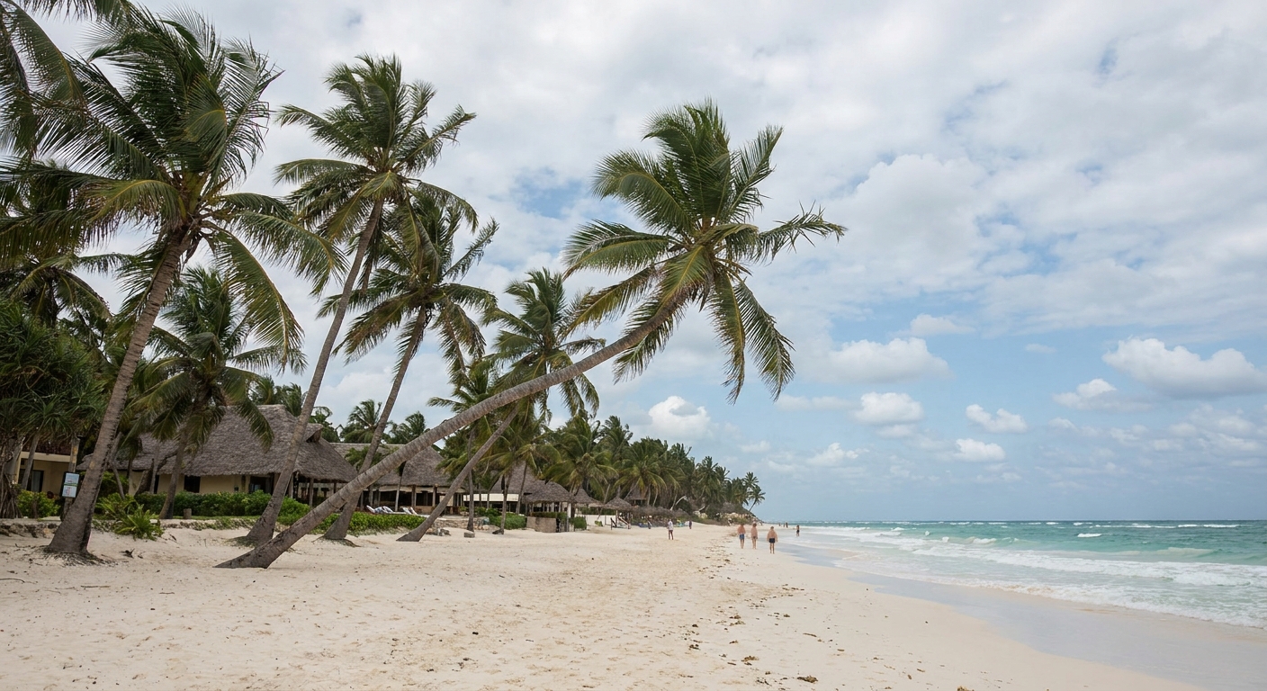 Palm trees leaning over a wide sand beach with light surf and turquoise water under scattered clouds