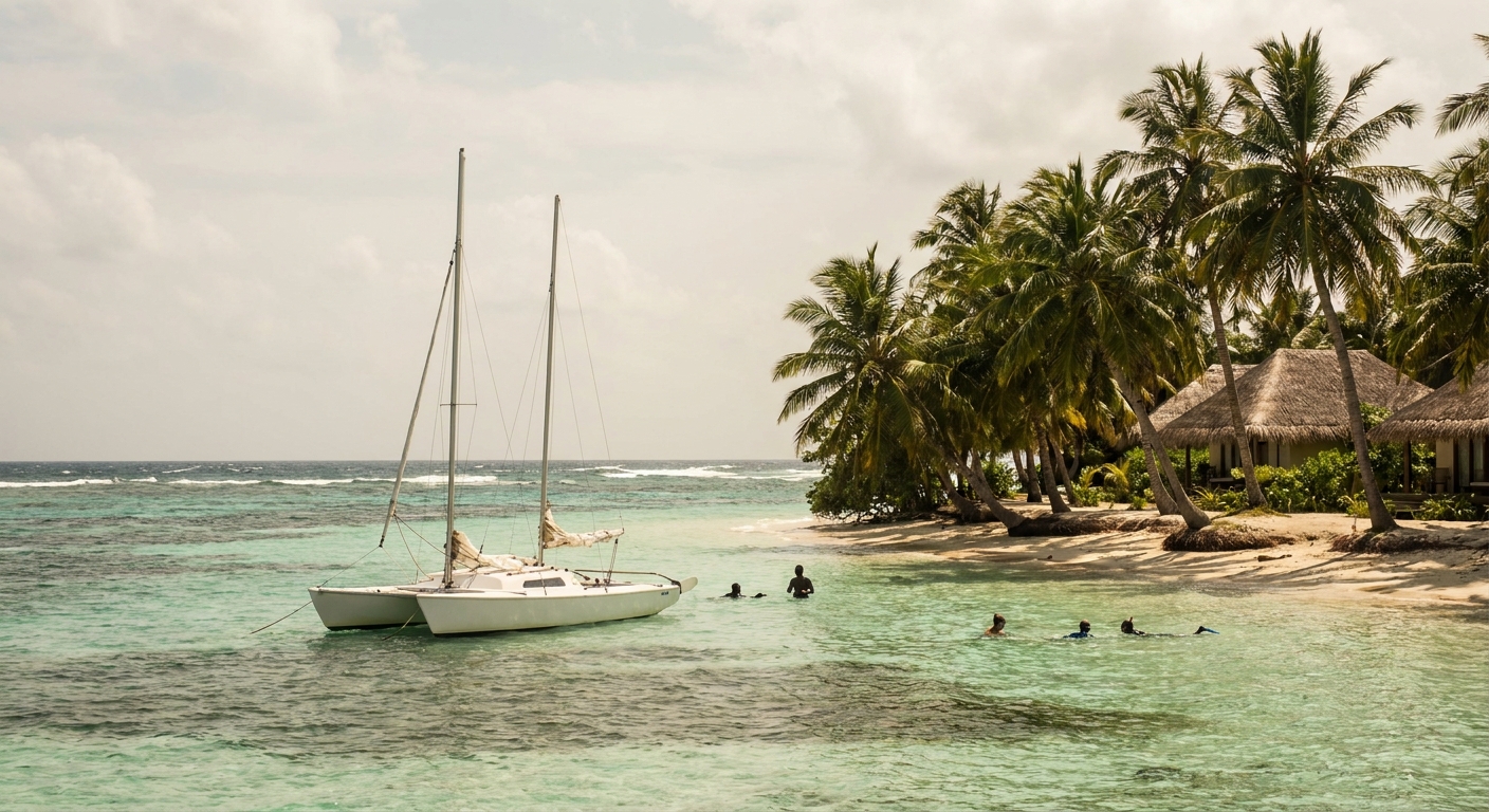 A small catamaran anchored over shallow clear water with swimmers in the shallows