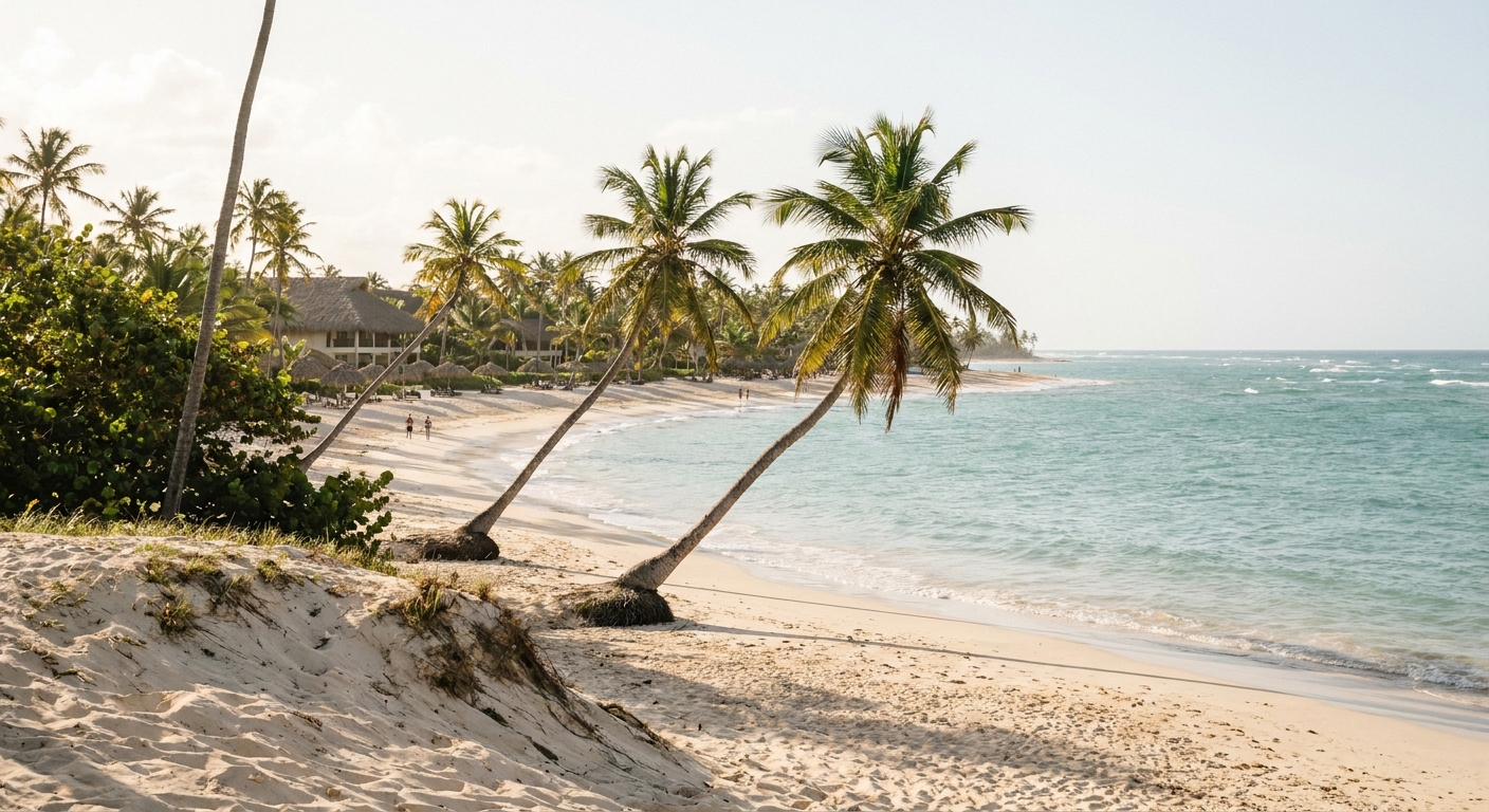 Palm trees leaning over a wide sand beach with calm turquoise water in the Dominican Republic