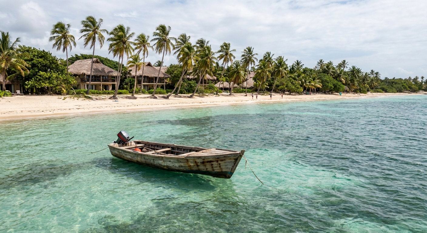 A small wooden boat anchored in shallow clear water near a low green island