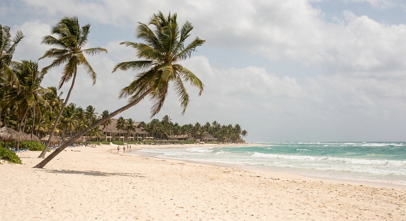 Palms leaning over a wide strip of pale sand with turquoise water and low surf