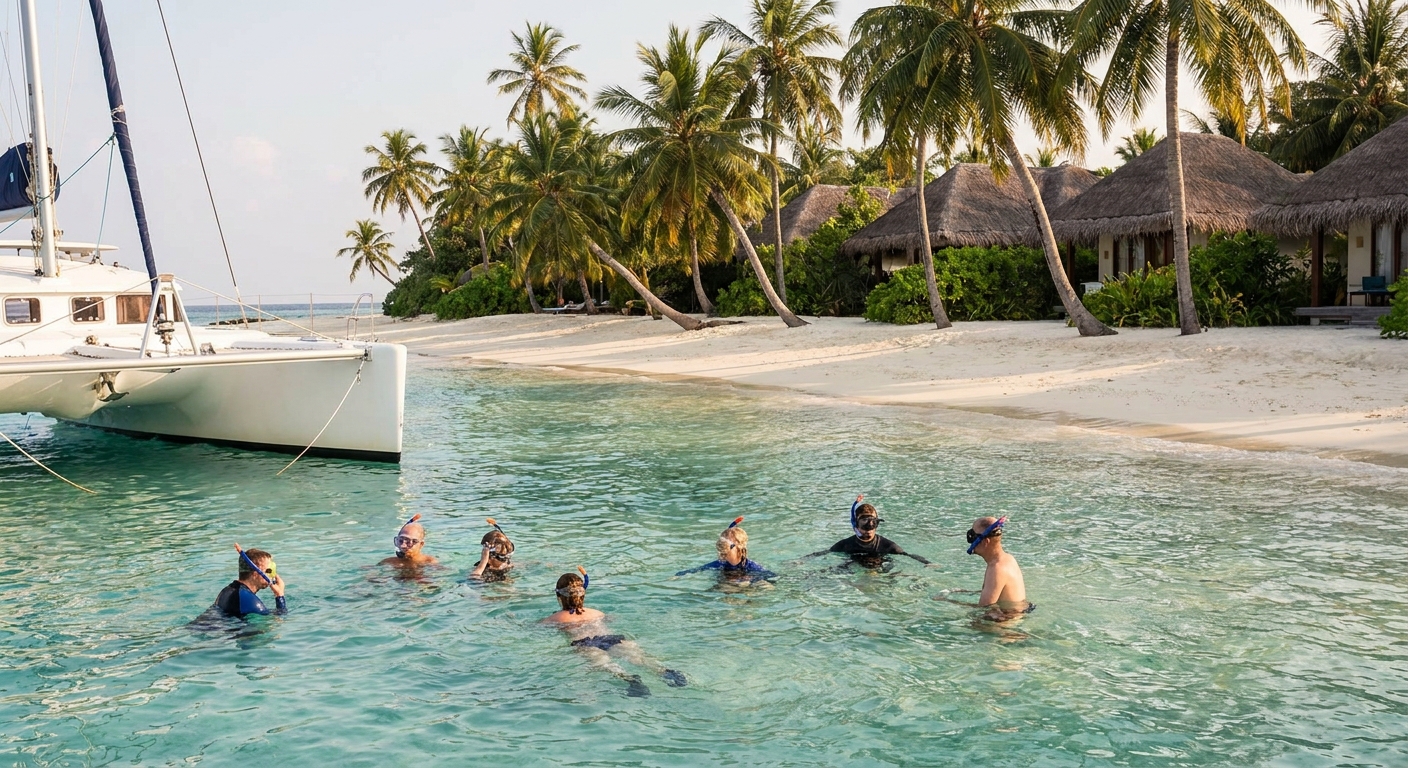 Snorkelers in shallow clear water beside a moored catamaran