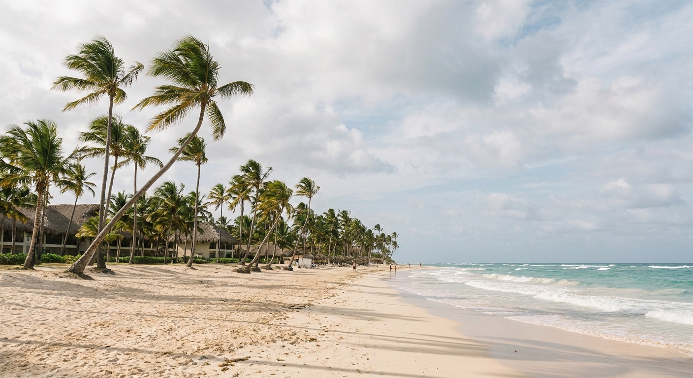 Wide sandy beach with palm trees and turquoise water under scattered clouds