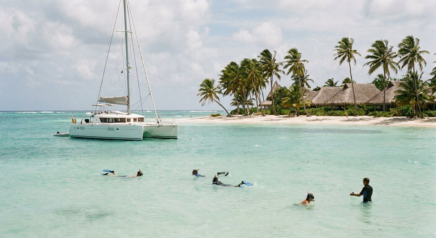 A catamaran anchored over pale shallow water with snorkelers in the sea