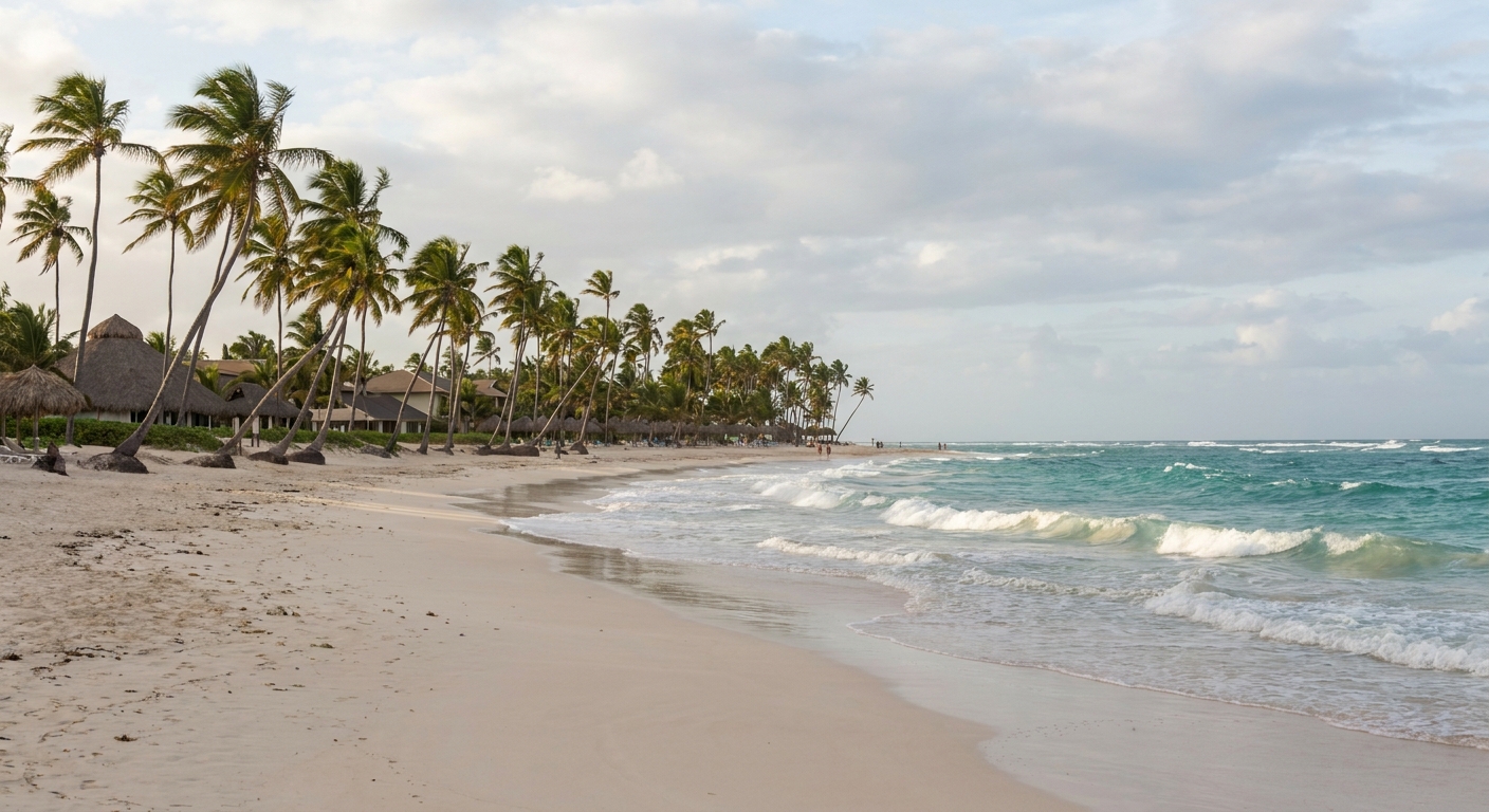 A wide sand beach lined with coconut palms under scattered cloud at Bavaro, Punta Cana