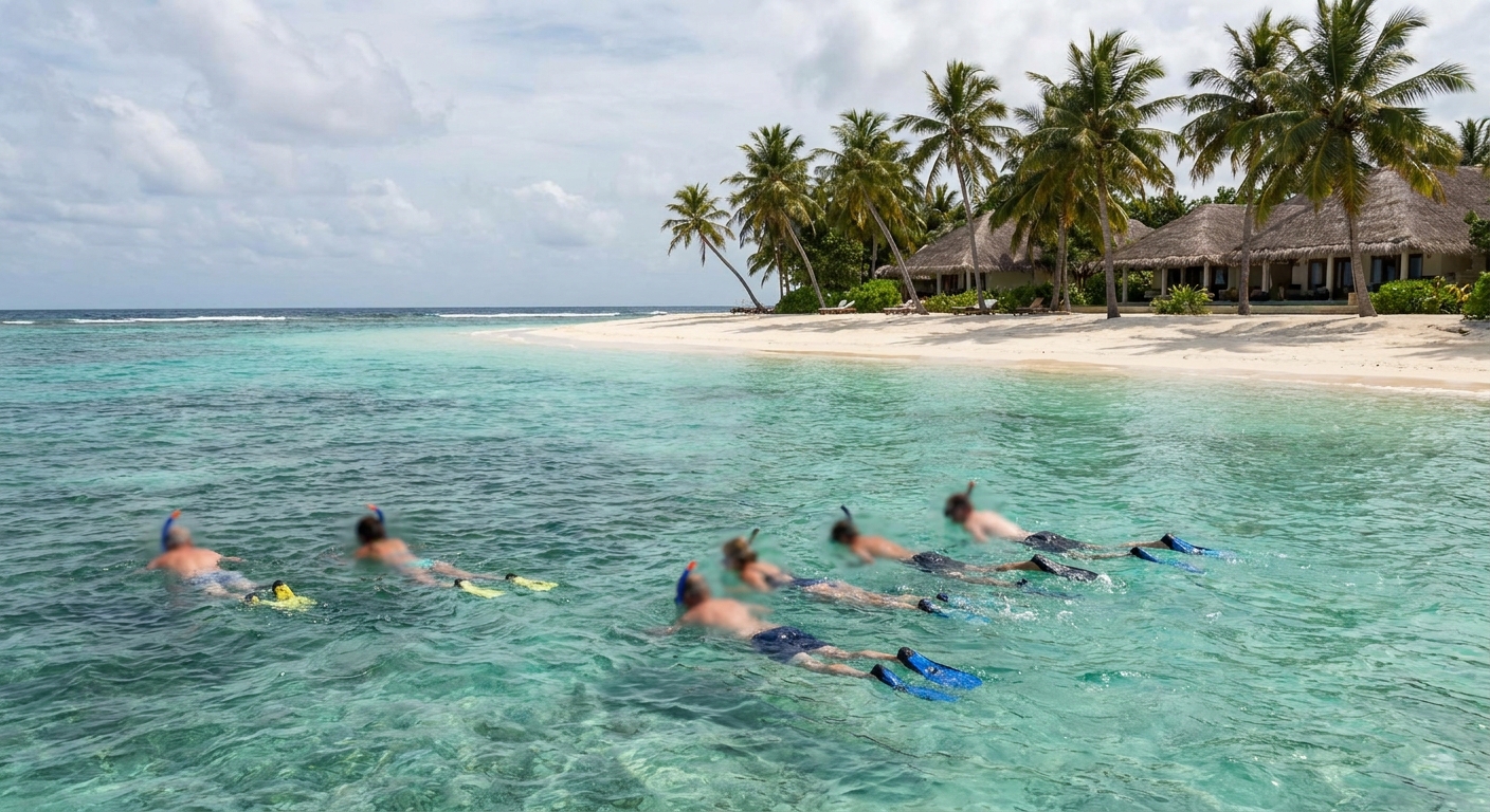 Snorkelers floating in shallow turquoise water off a palm-lined beach