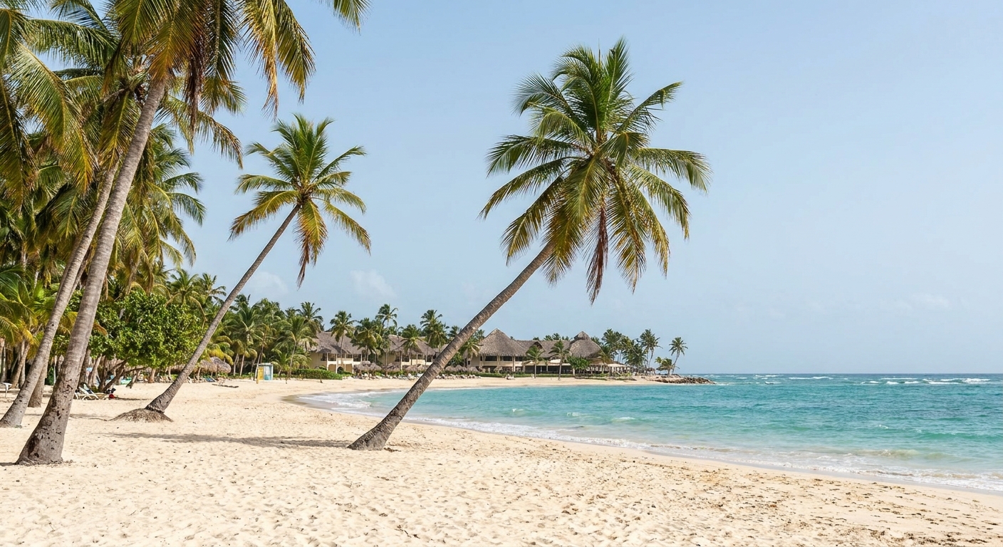 Palm trees leaning over turquoise water on a wide sandy beach in the eastern Dominican Republic