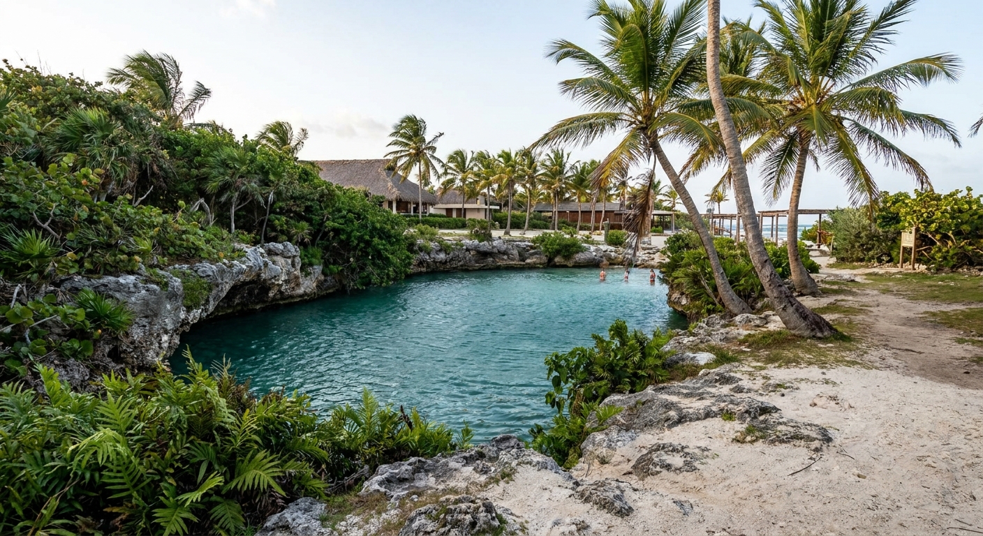 A turquoise freshwater sinkhole pool ringed by limestone walls and tropical vegetation