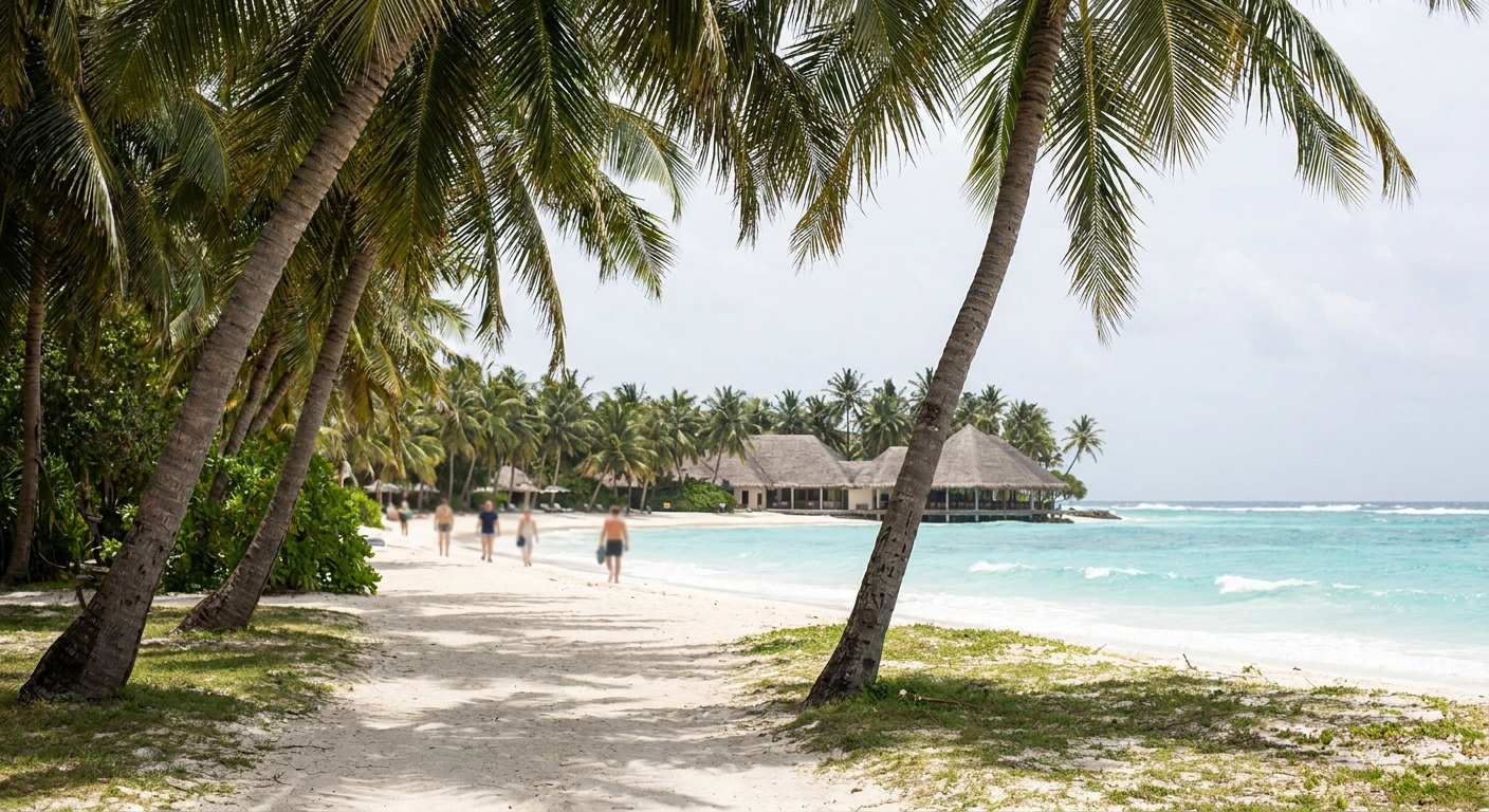 Palm shade over a sandy path leading to the ocean in Punta Cana