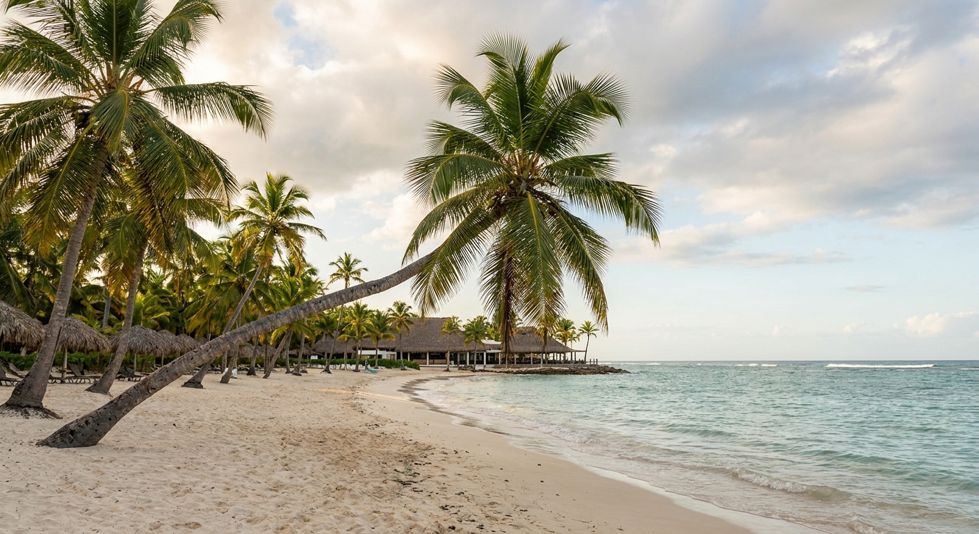 Palm trees leaning over pale sand and calm turquoise water on the Punta Cana coast