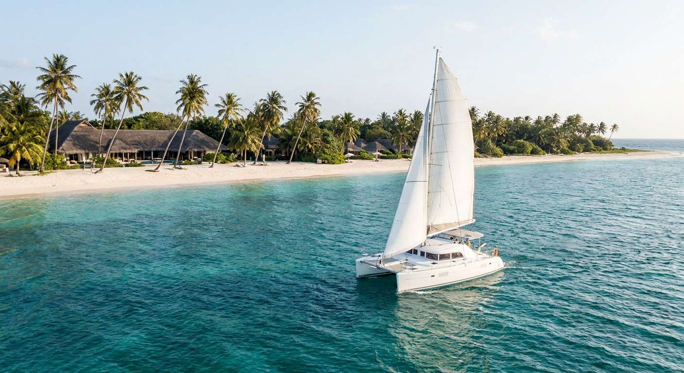 A catamaran with white sails on flat turquoise water off a Caribbean beach