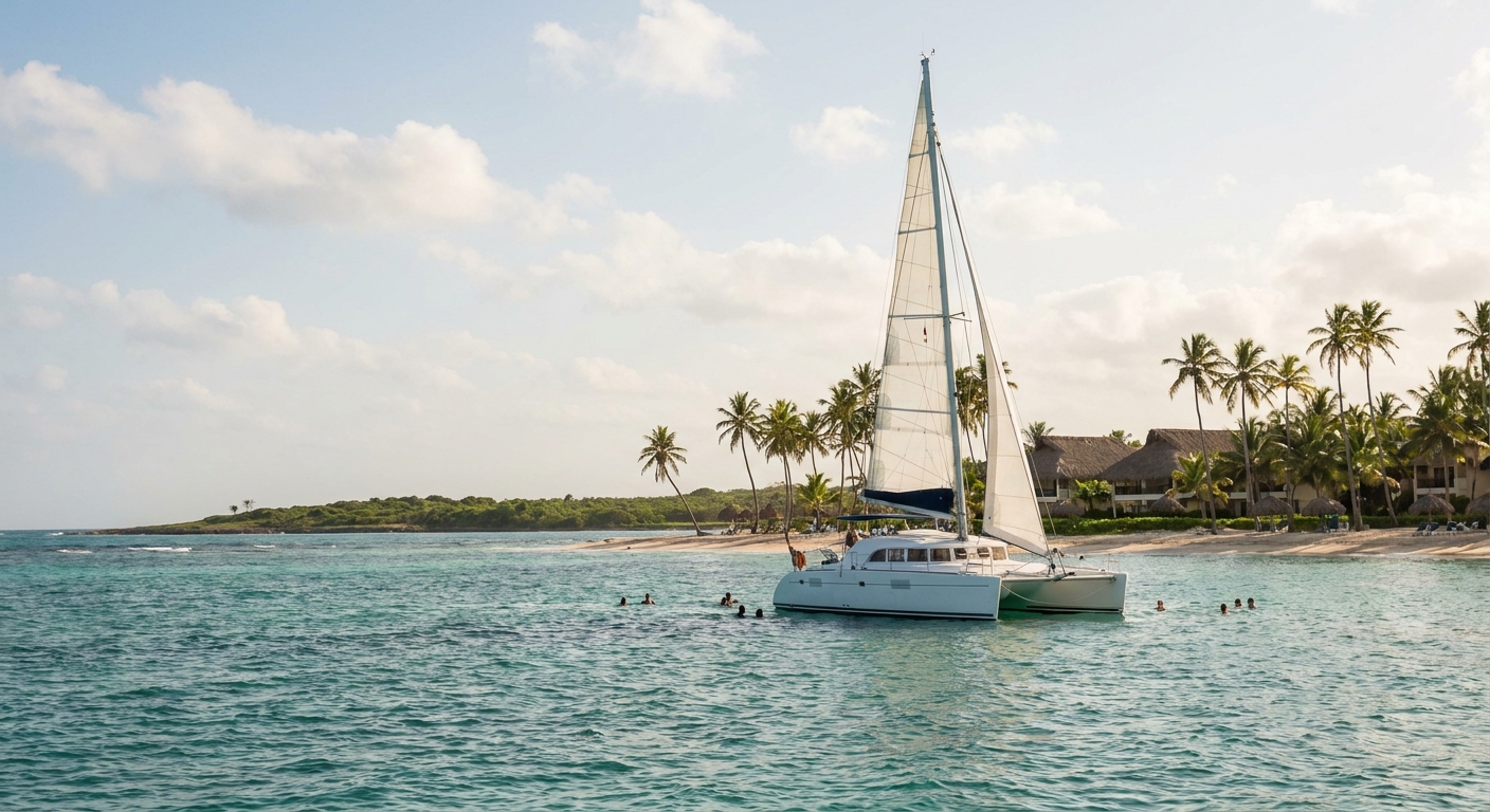A catamaran under sail on calm water off a low green coastline with swimmers nearby