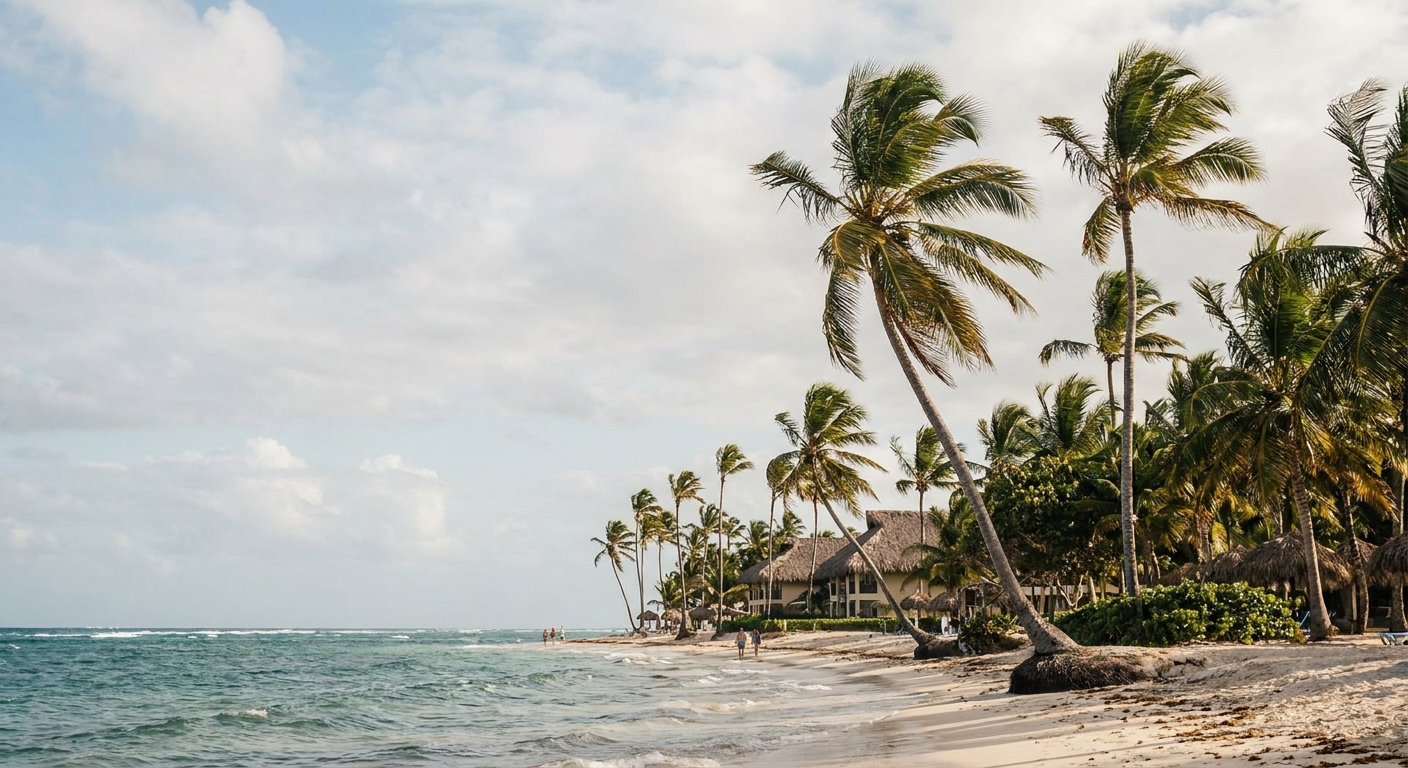 Palm trees leaning over turquoise water on a wide sandy beach at Bavaro, Punta Cana