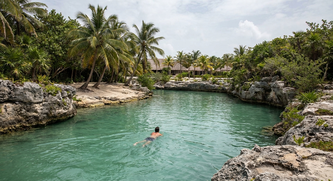 A swimmer in a turquoise inland pool ringed by limestone cliff and tropical vegetation