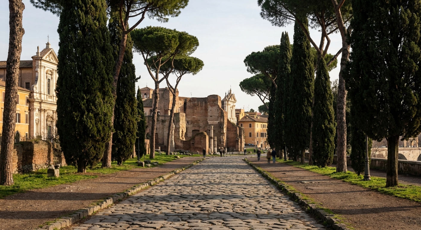 Ancient basalt paving stones on a straight road lined with cypress trees outside a city
