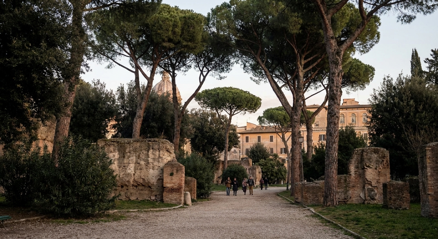 Umbrella pines shading a gravel path in Villa Borghese, Rome
