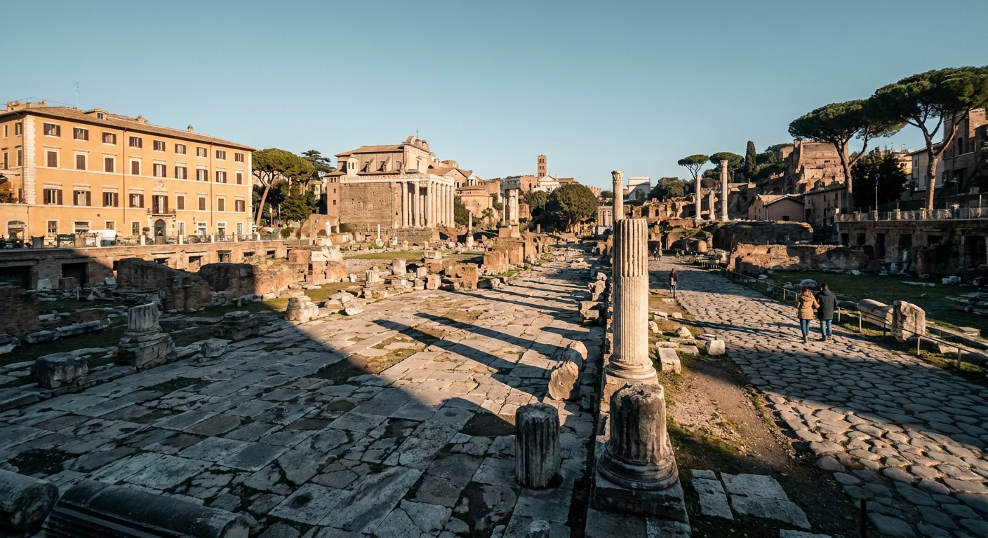 Broken columns and paving of the Roman Forum on a clear cold day with long shadows