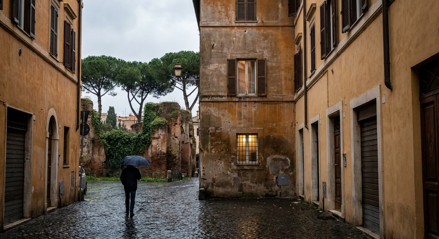 Rain-slicked cobbled lane in Trastevere with shuttered facades and a single lit window
