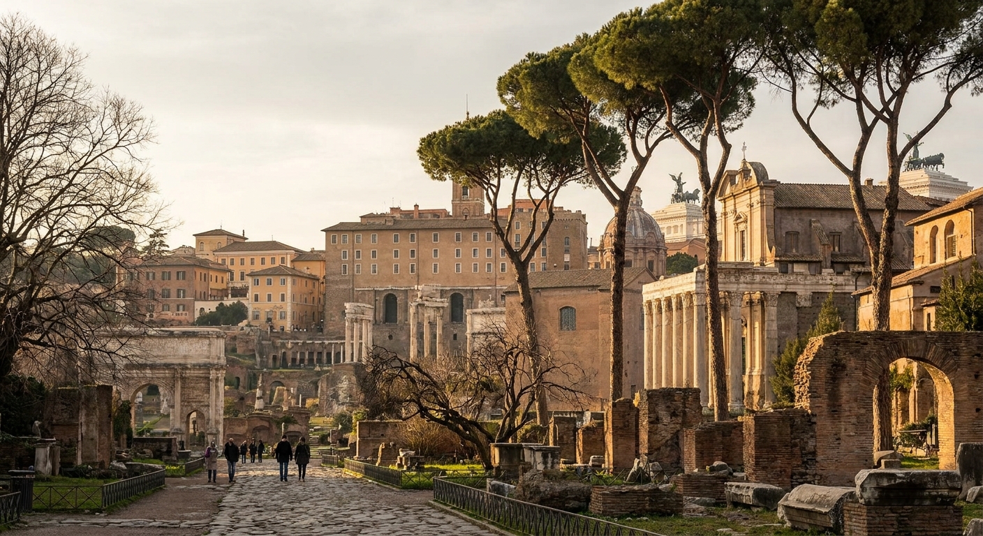 The Roman Forum under low winter sun, bare trees above the ruins